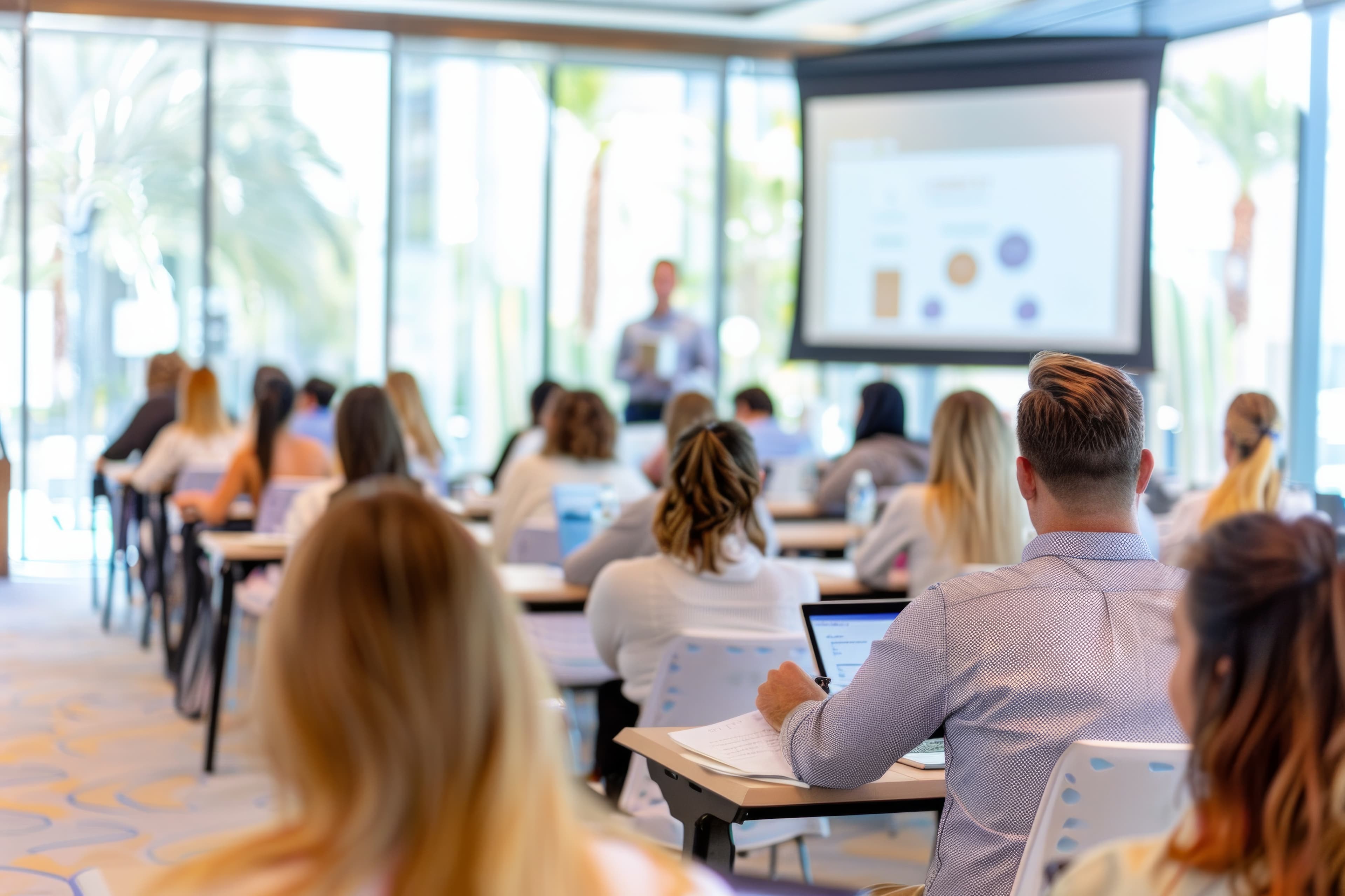 Participants in a professional training workshop facing a presenter and projection screen
