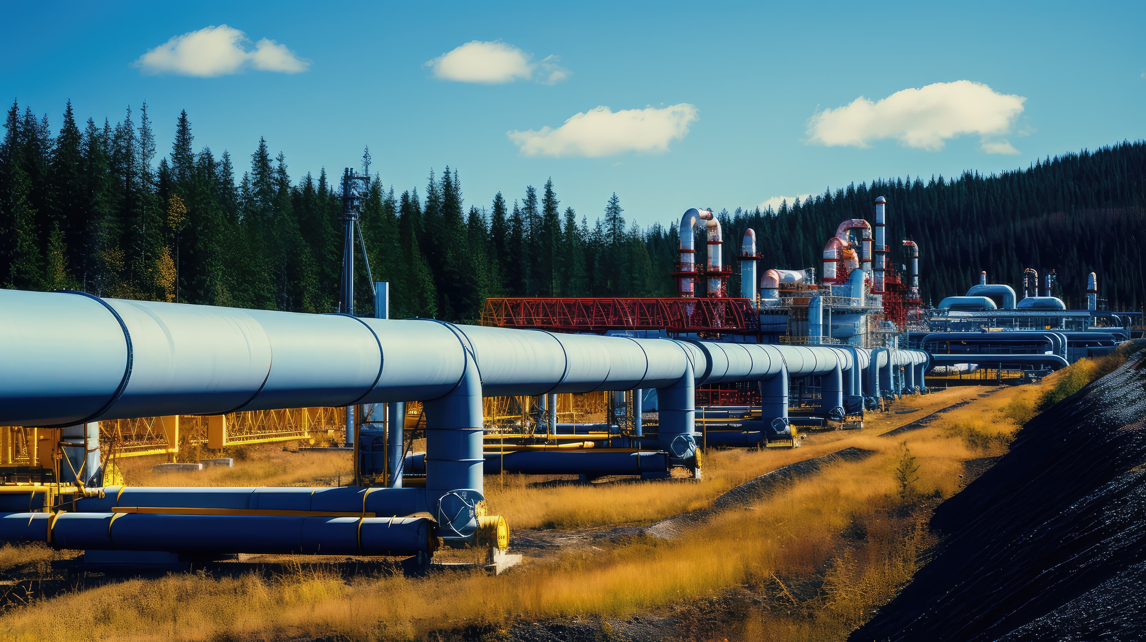 Industrial pipeline valves at sunset