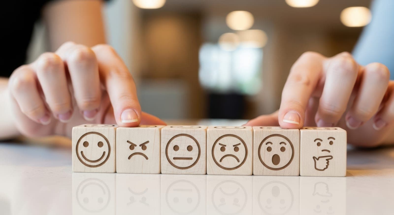 Wooden blocks printed with different emotion faces, a hand selecting one