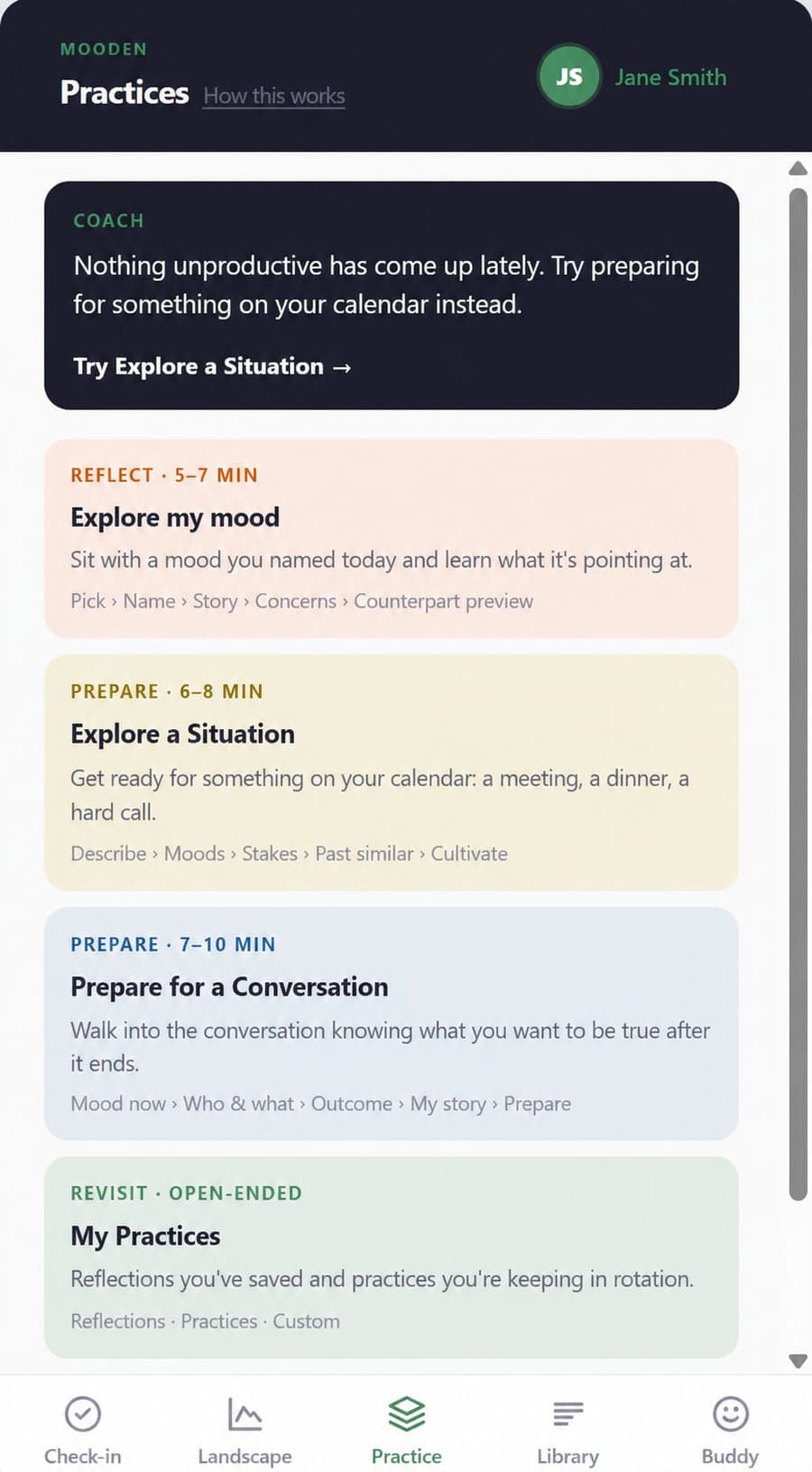 The Mooden app open on a phone, showing the day's mood practice
